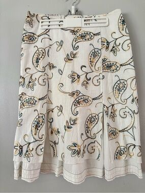 Vtg Lana Lee Paisley Embroidered Cotton Midi Skirt White 8 Boho Cottagecore 🇨🇦